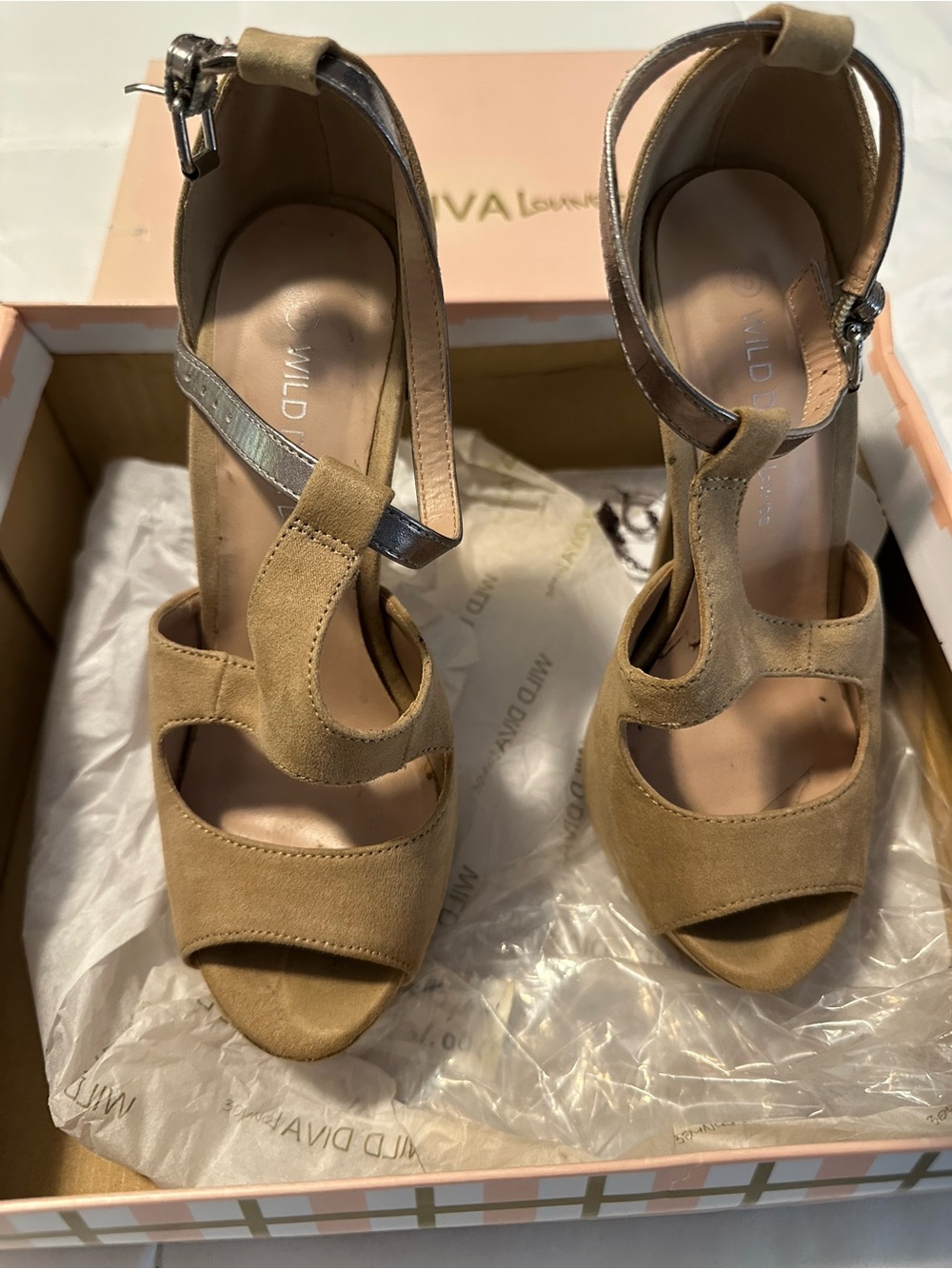 Wild Diva Tan Suede Cutout Open-Toe Ankle Strap Heelst